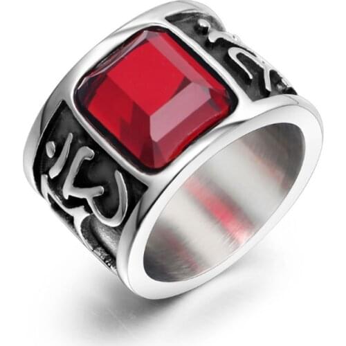 Vintage Men Six Words Mantra Red Stone Ring 316L Stainless Steel Biker Ring Om Mani Padme Hum Buddhist Jewelry Gifts For Him
