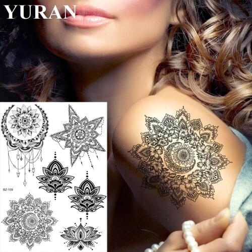 YURAN Big Henna Mandala Flower India Sexy Custom Temporary Tattoos Stickers Women Body Arm Chest Tatoos Stars Moon Girls Tattoo