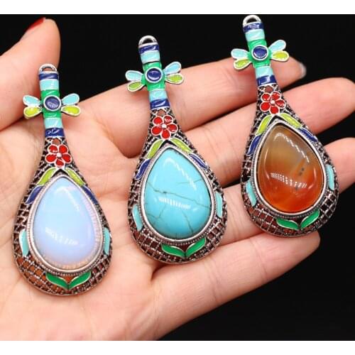 Womens Brooch Natural Stone Alloy Pendant Lute-Shaped For Jewelry Making DIY Necklace Bracelet Clothes Shirts Accessory