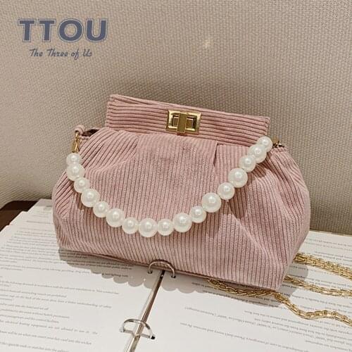 2021 Women Designed Chain Corduroy Shoulder Bag Female Solid Color Pearl Handle Tote Bags Pleated Lock Handbag and Purses