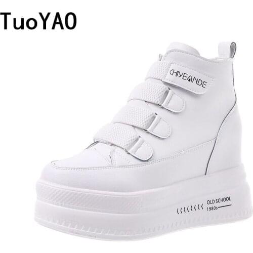 Womens Ankle Boots 2021 Autumn PU Leather Shoes Woman Platform Height Increased Sneakers 8CM Thick Sole Wedges White Boots New