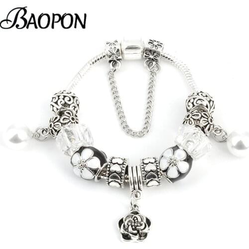 High Quality Flower Pendant Charm Bracelets With Imitation Pearl Beads Bracelets For Women Men Pulsera Jewelry Gift Dropshipping