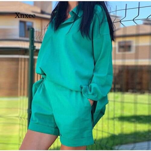 Summer Solid Shorts 2 Piece Set Casual Women Shirts Lapel Long-Sleeved Blouses Pants Suits Sexy Loose Streetwear Outfits Clothes