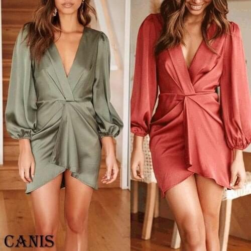 Women Autumn Sexy Deep V-Neck Long Sleeve Short Mini Dress Ladies Spring Evening Party Solid Dresses Sundress
