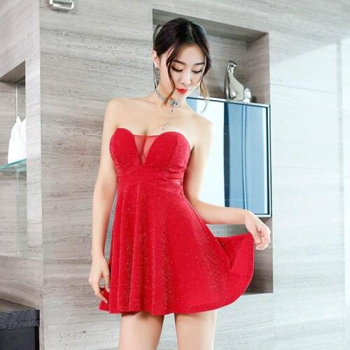 2020 New Summer Strapless See Through Dress Mini Dress Women Backless Wrap A Line Sexy Dress Ladies Black Red Dresses for Woman