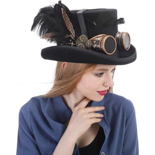 100% Wool Black Women Men Steampunk Top Hat With Handmade Glasses Gear Feather Fedora Cosplay Hat Top 15CM 4 Size