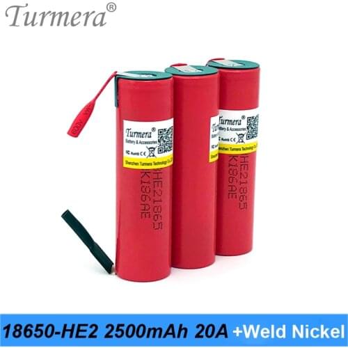 Turmera 18650 HE4 2500mAh Battery 20A New with Welding Nickel for 12V 14.4V 18V 21V 25V Electric Drill Screwdriver Batteries Use