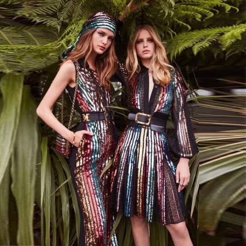 Fashion Show Shining Multicolor Striped Sequin Dress High Quality Autumn Long Sleeve Bodycon Midi Celebrity Party Dress Vestidos