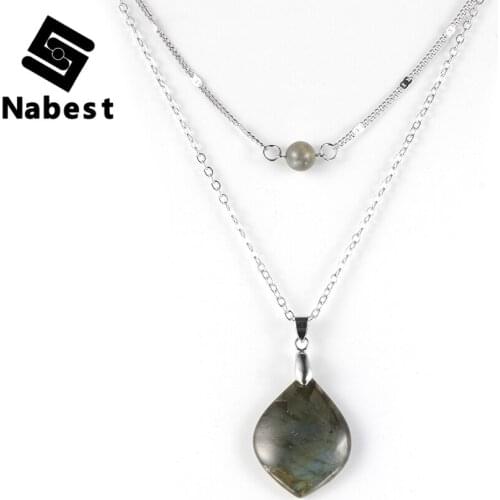 Women Natural Stone Labradorite Pendant Necklace Double Layers Moon Stone Charm Choker Clavicle Chain Wedding Party Jewelry Gift