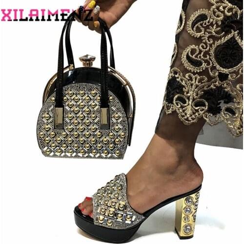 Black New Design Fashion Ladies Shoes And Bag Set For Party Nigerian Autumn Black Color Slippers With Matching Bag Set Big Size