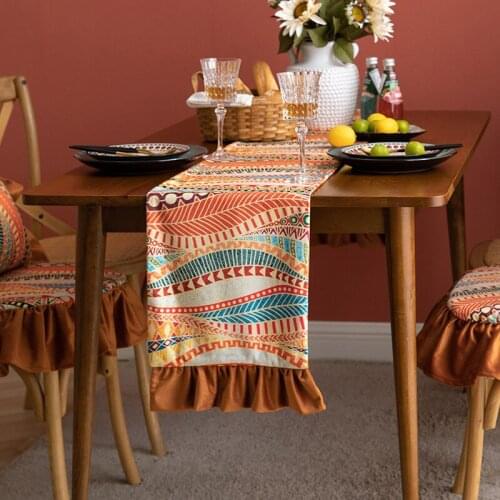 DUNXDECO French Ruffle Velvet Table Runner Party Long Table Cover Fabric Vintage Orange Warm Geometric Holiday Desk Decorating