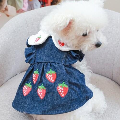 Strawberry Print Dog Denim Dress Ruffles Jeans Skirts Spring Autumn Dog Dresses for Small Dogs Cat Chihuahua York Puppy Clothing