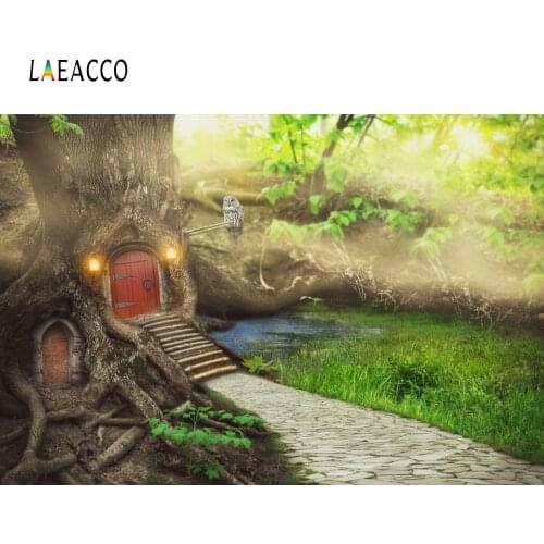 Laeacco Fairytale Jungle Tree House Elves Pathway Green Grass Scene Photo Background Photographic Backdrop For Photo Studio