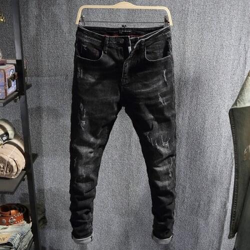 Korean Style Fashion Men Jeans Retro Black Elastic Slim Fit Ripped Jeans Men European Vintage Designer Casual Denim Pencil Pants