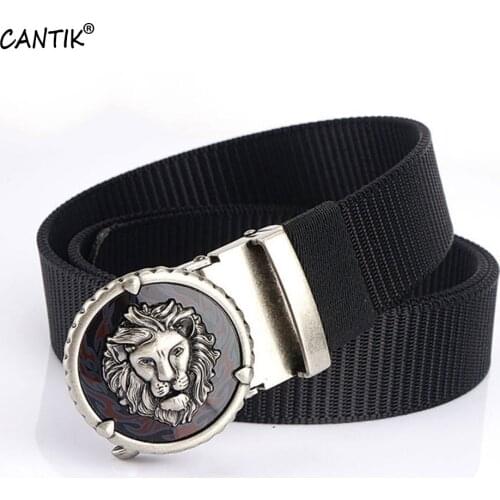 CANTIK Unique Lion King Head Automatic Buckle Belt Quality Nylon & Canvas Material Belts Men Accessories Freeshipping CBCA304