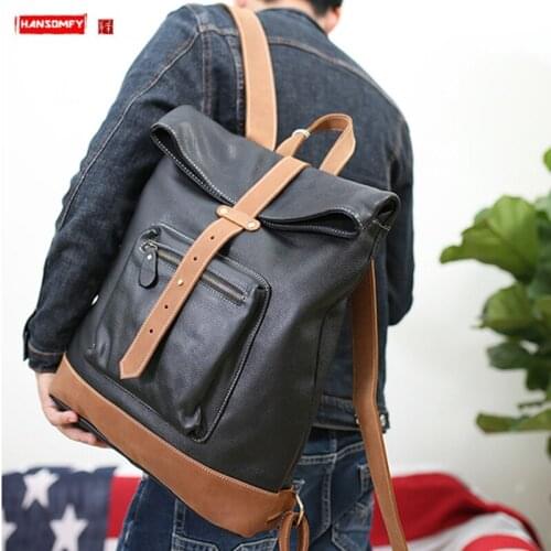 Handmade Vintage Leather Mens Backpack Tide Men Real Leather Large Capacity Computer Travel Backpacks Male School bags Original