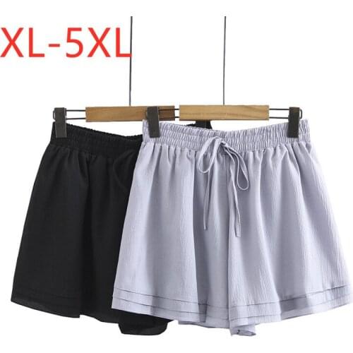 New 2021 Ladies Summer Plus Size Shorts For Women Large Loose Casual Wide Leg Black Gray Belt Chiffon Shorts 2XL 3XL 4XL 5XL