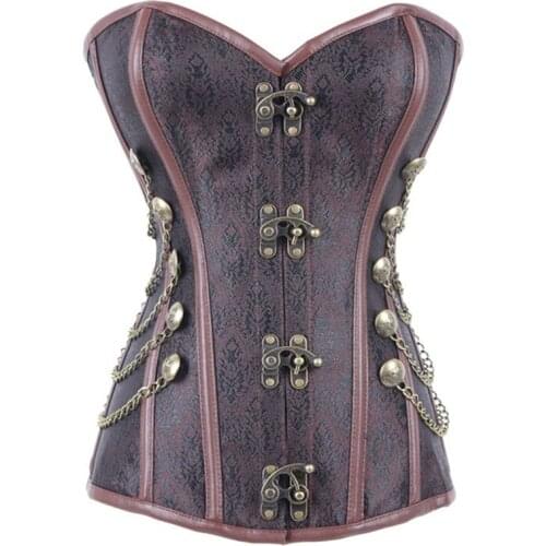 New Waist Overbust Corset Steel Boned Corset Top Steampunk Corset Bustiers With Chain Gothic Bustier Steel Boned Brown and Black