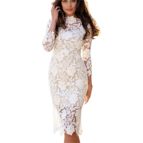 Solid Lace Dress Women Wrist Sleeve White Dress O Neck Party Dress Elegant Bodycon Dress Vestidos Free Shipping 40SR26
