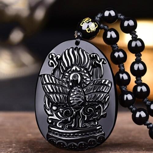 Natural Black Obsidian Beads Necklace Hand-Carved Phoenix Jade Pendant Fashion Charm Jewelry Amulet For Women auspicious Gifts