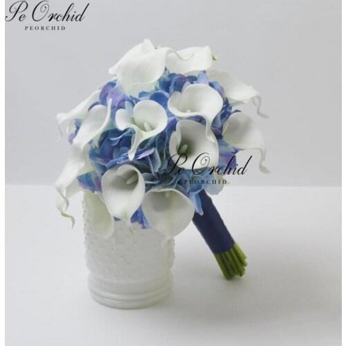 PEORCHID Classic Hydrangea Calla Lily Bridal Bouquet Blue White Country Style Wedding Flowers For Bride Bouquet 2019 New