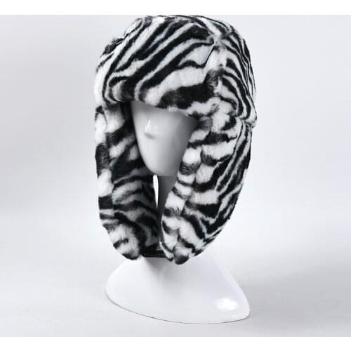 Russian Fur Hat Black White Bomber Hats Male Female Ear Flaps Winter Thick Warm Knitting Outdoor Trapper Hat