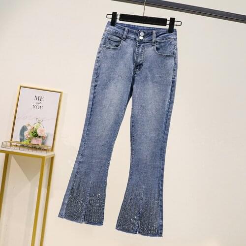 High waist Plus size Women Jeans 2021 Spring Autumn New Diamond-studded Stretch Flared Trousers Vintage Female Denim Nine Pants
