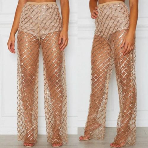 Sexy Women Crochet Sequins Beach Wide Leg Pants Lace Mesh Sheer High Waist See Through Casual Beach Plaid Trousers Clubwear