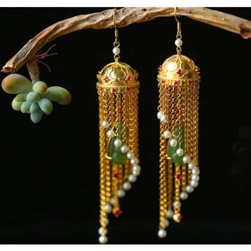 S925 Sterling Silver Jasper Gold-plated Drop Earrings Hetian Jade Peas Pearl Tourmaline Tassels Earrings Fine Jewelry Women Gift
