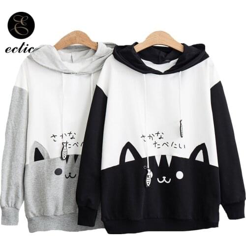 Sweatshirt Pullover Cartoon Spliced Hoodie With Cat Printed Hoodie Women Harajuku Japanese Clothing Letters Poleron Mujer 2021