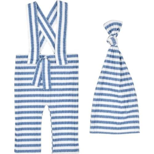 2 Pcs Baby Stripe Romper Long Tail Knotted Hat Set Newborn Photography Props Strap Pants Cap for Infants Photo Shooting