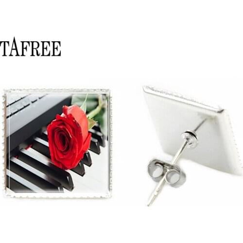 TAFREE Fashion Piano and Music Note Square Stud Earring Women Glass Pattern Stud Earring Color Earring Party Jewelry KB30