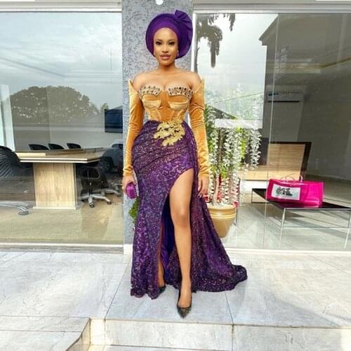 Sexy Off The Shoulder Gold And Purple Prom Dresses 2021 Aso Ebi African Lace Appliques Side Split Evening Gowns Sweep Train Robe