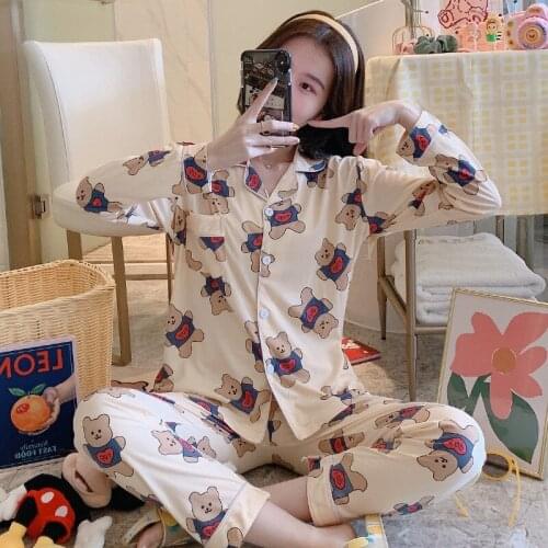 Spring Pajamas Set Women Pajamas Girls Bear Print Pyjamas Long Sleeve Tops+Pants Students Cartoon sleepwear Cute homewear