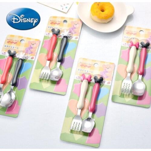 Disney Stainless Steel Childrens Mickey Fork Spoon Set Baby Eating Spoon Noodle Fork Cartoon Minnie Household Tableware