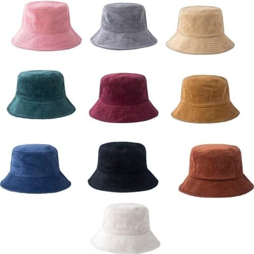 Women Men Winter Warm Corduroy Velvet Bucket Hat Ribbed Striped Solid Color Korean Harajuku Wide Brim Sunscreen Adjustable 28GD