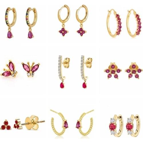 Aide 925 Sterling Silver Rose Red Crystal Series Stud Earrings For Women Cubic Zirconia Jeweled Butterfly Flower Ear Stud Gift