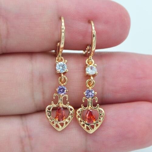 Fashion Jewelry Gold Color Colorful Cubic Zirconia Rainbow CZ Palace Love Heart Dangle Earrings for Women