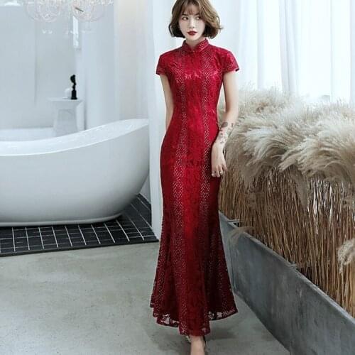 Sexy Burgundy New Female Lace Cheongsam Women Novelty Qipao Short Sleeve Elegant Chinese Dress Qipao Slim Chi-Pao Vestidos 12471