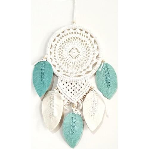 Turquoise And Cream Colored Leaf Shaped Macrame Handmade Wall Ornament