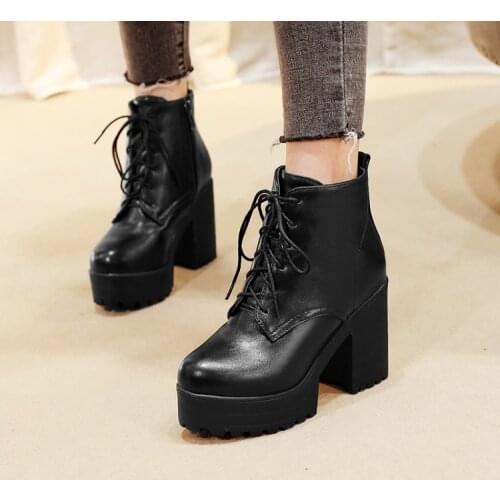 Big Size 11 12 13 Womens thick-soled boots with chunky heels short tube warm boots Martin boots Lace-up boots