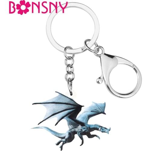Bonsny Acrylic Blue Dinosaur Dragon Keychains Key Ring Animal Jewelry Trendy Gift For Women Handbag Purse Accessory Decoration