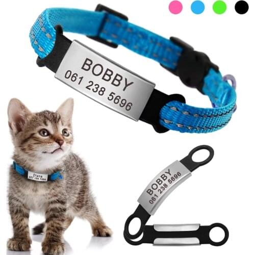 Quick Release Cat Collar with Tag Reflective Personalized Kitten Collars Puppy Cats Products for Pet Blue Black