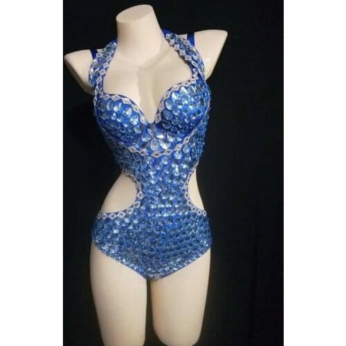 Shining Blue Rhinestone Bra + Bodysuit Women Sexy Crystal Stage Outfit Sets Nightclub Party Costumes Pole Dance Performance Wear