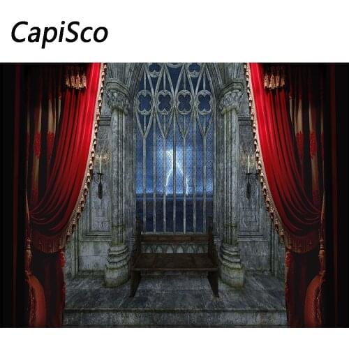Capisco Halloween Night Photography Backdrop Haunted House Red Curtain Photo Background Vampire Party Shoot Studio Props