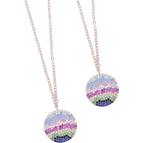 2021 TOP quality fashion rainbow cz round pendants necklace coloful circle disco charm rose gold link chain dainty girls jewelry
