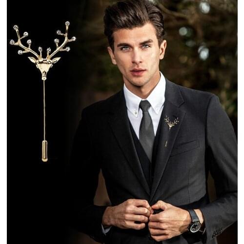 High-end Metal Deer Head Brooch Lapel Pin Mens Suit Collar Scraf Buckle Cute Elk Long Needle Pins Jewelry for Men Accessories