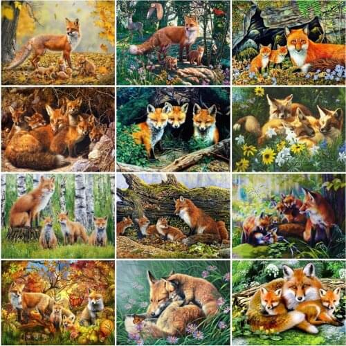 HUACAN Full Drill Diamond Art Painting Animal Fox Diamond Mosaic Forest Cross Stitchwall Decoration Handmade Gift