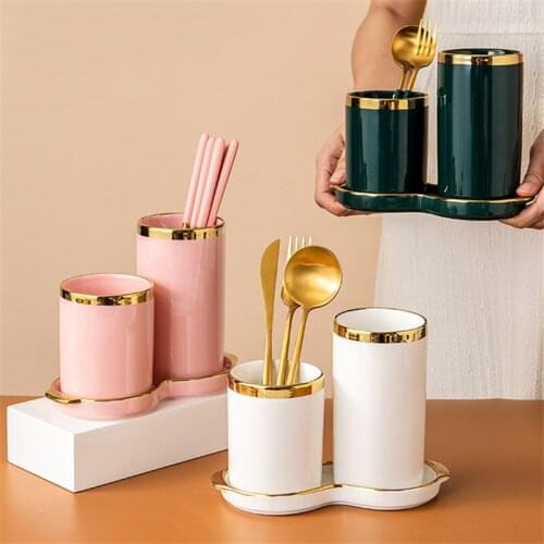 Nordic Ceramic Simple Double Chopsticks Holder Kitchen Organizer Tableware Storage Basket Creative Spoons Forks Draining Rack