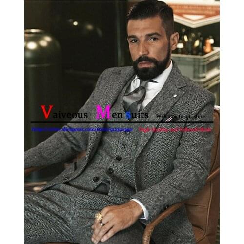 Tailor-Made Gray Tweed Men Suits For Winter Wedding Formal Groom Tuxedo 3 Piece Herringbone Male Set Jacket Vest with Pants